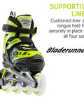 Kids Adjustable Inline Skates With Light Up Wheels Four Size Range For Growing Feet Cushioned Support Black Green Close Up