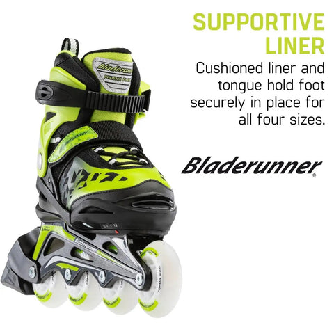 Kids Adjustable Inline Skates With Light Up Wheels Four Size Range For Growing Feet Cushioned Support Black Green Close Up