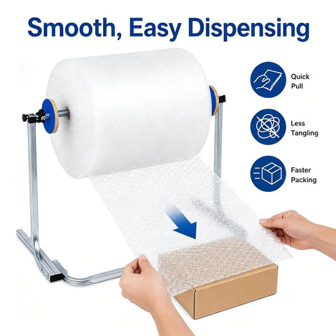Adjustable Shipping Station Stand Tabletop Bubble Wrap Dispenser with bubble roll being pulled for fast packing use.