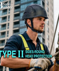 Man wearing Lightweight Type 2 Class E Safety Helmet With EPS Foam Liner Adjustable Size for Electrical Work on construction site.