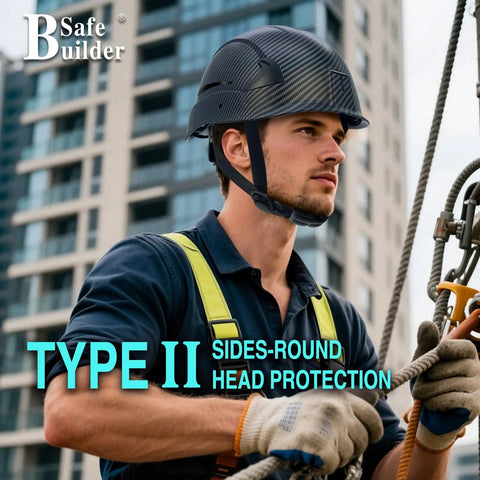 Man wearing Lightweight Type 2 Class E Safety Helmet With EPS Foam Liner Adjustable Size for Electrical Work on construction site.
