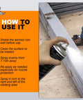 Instructional image showing use of Anti Spatter Welding Spray 2 Pack 14 Oz Each For TIG And MIG Arc Welding Robots Universal Weld Protectant