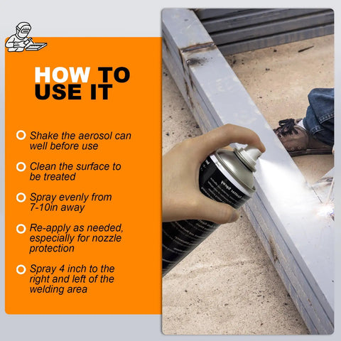 Instructional image showing use of Anti Spatter Welding Spray 2 Pack 14 Oz Each For TIG And MIG Arc Welding Robots Universal Weld Protectant