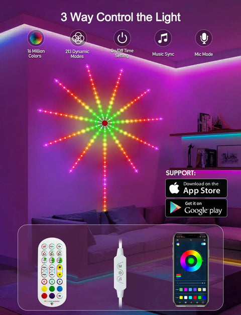 Firework RGB LED Strip Lights Kit With 11 Strips Dream Colors 16 Million Color Options Music Sync Mic Mode Remote App Control.