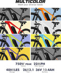 Multicolor Racer Electric Mountain Bike For Adults With Peak 750W Motor, 21 Speed Gearing, Removable 375Wh Battery, 26X2.1 Inch Tires
