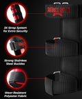 Jeep Fire Extinguisher Mount For Offroad Roll Bar Holder Badass Wrangler And Gladiator Accessory showing strap system and buckles.