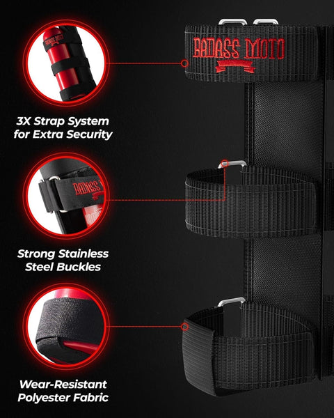 Jeep Fire Extinguisher Mount For Offroad Roll Bar Holder Badass Wrangler And Gladiator Accessory showing strap system and buckles.