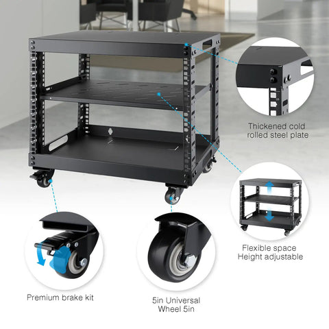 Built Different Pro Rig Open Frame Server Rack With Smooth Roll Wheels Free Standing Network Cabinet For Servers And Av Equipment Black 9U Rolling Stand with adjustable shelves and 5in wheels.