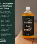 Wood Care Soap For Floors, Furniture, And Cabinets Non Caustic Concentrate 1 Liter bottle on wooden surface