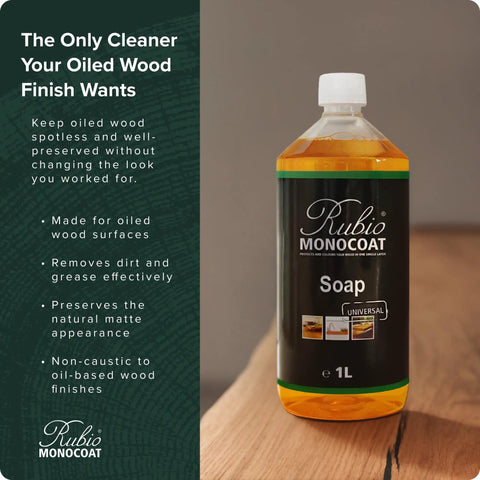 Wood Care Soap For Floors, Furniture, And Cabinets Non Caustic Concentrate 1 Liter bottle on wooden surface
