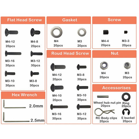 Stainless Steel RC Screw Kit 522 Piece Hardware Set For RC Cars With Individually Packaged Screws Heavy Duty Fasteners For Easy Field Repairs High Strength Torsion Resistant Screws For Durable Builds And Quick Maintenance, assorted M3 and M4 parts