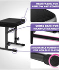 Heavy Duty Keyboard Stand And Adjustable Bench Set For 54-88 Key Pianos showing mesh seat, cross beam, and adjustable feet details.