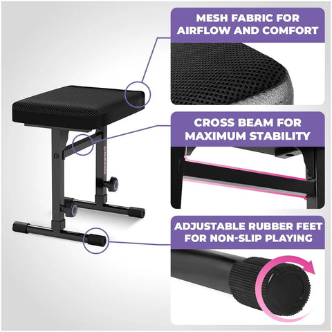 Heavy Duty Keyboard Stand And Adjustable Bench Set For 54-88 Key Pianos showing mesh seat, cross beam, and adjustable feet details.