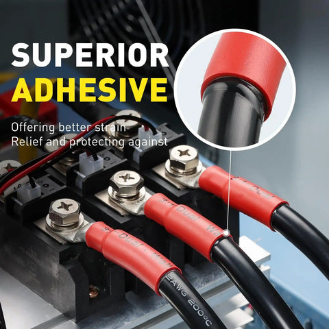 Close-up of red adhesive-lined tubing in use, highlighting 3 To 1 Shrink Ratio Heat Shrink Tubing Kit for electrical connections.