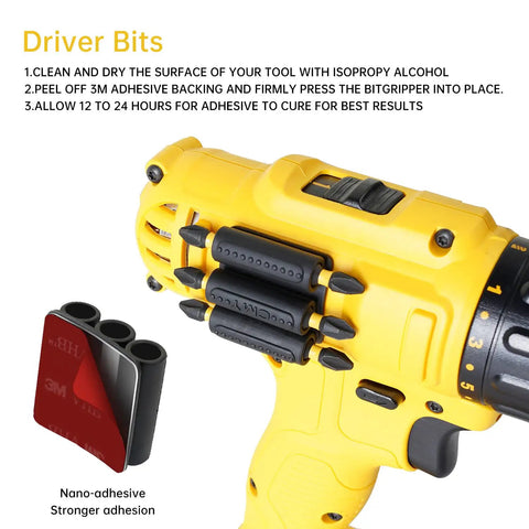 Drill Bit Holder Holster Pack Of 4 attached to drill, carrying driver bits, showing installation with nano adhesive