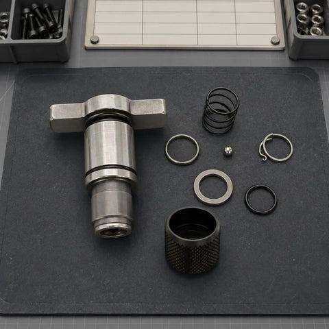 Ultimate DCF885 Impact Driver Socket Kit With Textured Sleeves And Steel Anvils For Serious Contractors And Workshop Pros To Fix Tools Fast, steel parts laid out