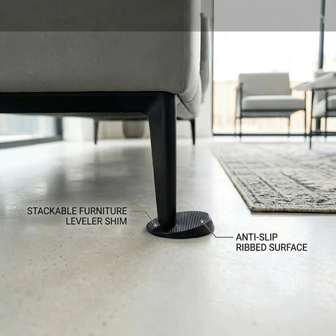 Twenty Pack Rubber Leveling Shims Anti Wobble Furniture Levelers under sofa leg with anti-slip ribbed surface.