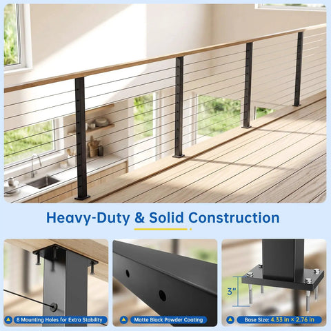 36 Inch Modular Swageless Cable Railing Post Crafted From Tough T304 Stainless Steel With A Fly Matte Black Coating To Upgrade Outdoor Decks With Straightforward Setup And Reliable Weather Resistance All Year Round showing heavy-duty construction and 8 mounting holes.