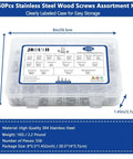 Labeled storage box of Stainless Steel Wood Screws Kit With 550 Pieces, 18 Common Sizes, showing dimensions and details.