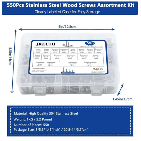 Labeled storage box of Stainless Steel Wood Screws Kit With 550 Pieces, 18 Common Sizes, showing dimensions and details.
