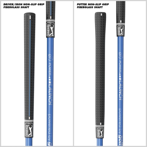 Blue fiberglass shafts with non-slip grips for driver and putter from 7 Piece Junior Golf Club Set For Ages 8 To 12, Right Handed