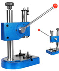 Heavy Duty 0.5 Ton Manual Arbor Press Rock Solid Desktop Workhorse For Precision Metal Stamping Bending Stretching And Forming With Smooth Operator Recoil Assist Spring in blue with handle and mounting base.