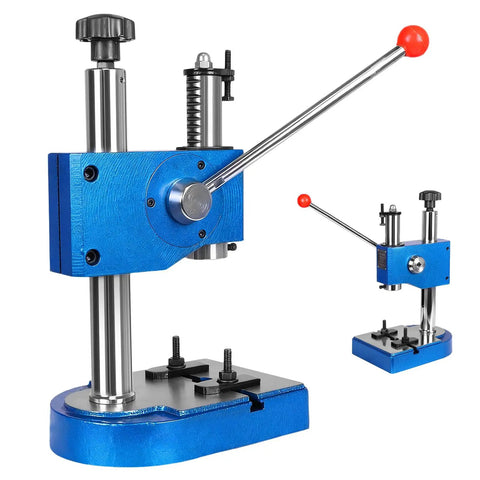 Heavy Duty 0.5 Ton Manual Arbor Press Rock Solid Desktop Workhorse For Precision Metal Stamping Bending Stretching And Forming With Smooth Operator Recoil Assist Spring in blue with handle and mounting base.