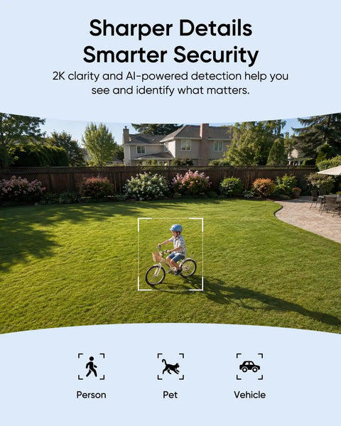 SZPOWER 2K Floodlight Camera, 3000K Hardwired Smart Security Camera Outdoor showing a child on a bike in a backyard.