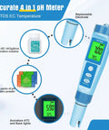 4 In 1 Digital pH Meter EC TDS And Temperature Tester with display showing measurements and calibration packs for hydroponics and water quality.