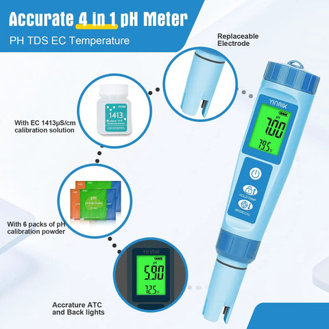 4 In 1 Digital pH Meter EC TDS And Temperature Tester with display showing measurements and calibration packs for hydroponics and water quality.