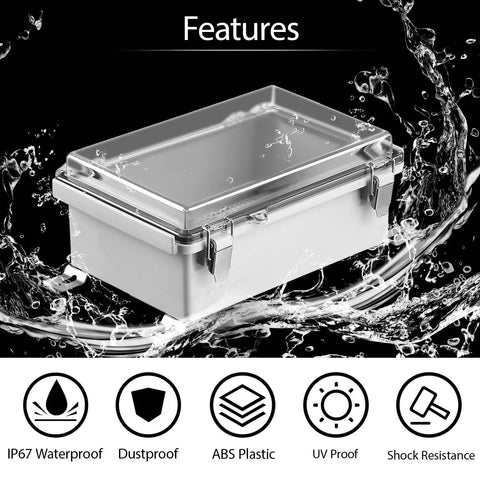 All-Weather Electrical Junction Box With Hinged Clear Cover Heavy-Duty ABS Enclosure IP67 Waterproof, shown in water testing.