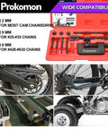 Front view: Prokomon 13-piece chain breaker tool kit in red case for rivet removal on cam chains, fits 25–630 chains.