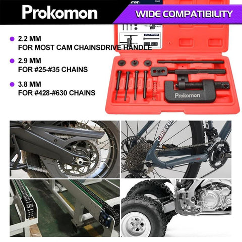 Front view: Prokomon 13-piece chain breaker tool kit in red case for rivet removal on cam chains, fits 25–630 chains.