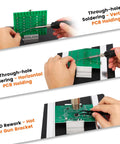 Heavy Duty PCB Holder Built For Pros With 1.7Kg Weight, Pro Grade Solid Metal Base 250mm By 200mm By 3mm, demonstrating vertical and horizontal soldering