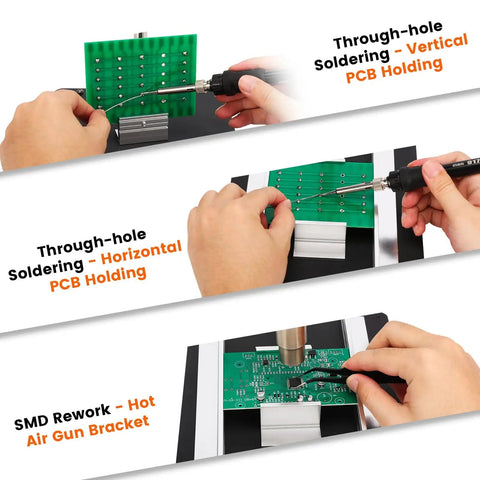 Heavy Duty PCB Holder Built For Pros With 1.7Kg Weight, Pro Grade Solid Metal Base 250mm By 200mm By 3mm, demonstrating vertical and horizontal soldering
