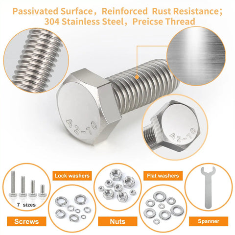 Close-up of 240 Piece Nuts And Bolts Kit With 1/4-20 Hex Bolts And Nuts, Lock Washers, Flat Washers, Stainless Steel Assortment