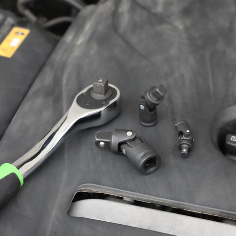 Universal Joint Impact Socket Set Three Piece With One Quarter Inch Drive, Three Eighths Inch Drive, And One Half Inch Drive, Heavy Duty Swivel Sockets In High Strength Steel For Auto, DIYers And Mechanical Jobs, Perfect For Manual Or Low Speed Power.