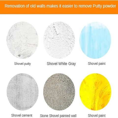 Close-up of various wall surfaces including shovel putty, cement, and paint for drywall preparation with Pro Grade Electric Wall Planer With Hella Smooth Action And Beast Mode Torque For Quick Drywall Scraping Plaster Removal And Variable Speed Wall Reno Gear.