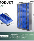 Heavy Duty 100 Drawer Parts Cabinet With ABS Plastic Drawers Adjustable Dividers And Label Holders Perfect For Tool Storage In Workshop Garage And Home Shop Organization showing product size dimensions and individual drawer.