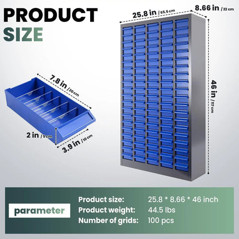 Heavy Duty 100 Drawer Parts Cabinet With ABS Plastic Drawers Adjustable Dividers And Label Holders Perfect For Tool Storage In Workshop Garage And Home Shop Organization showing product size dimensions and individual drawer.