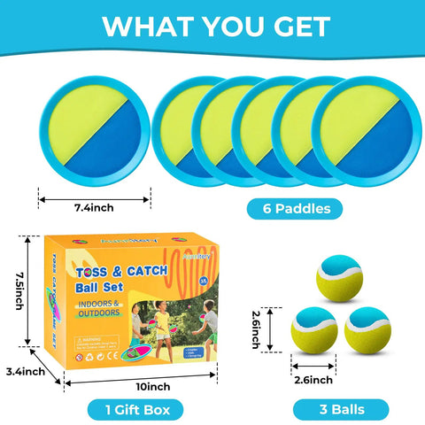 Outdoor Toss And Catch Ball Set For Kids Beach Toys And Backyard Games Perfect For Backyard Playgrounds And Beach Trips With 6 Balls And 3 Paddles Includes Storage Great Easter Gift Light Blue, showing paddles and balls with gift box packaging.