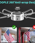 Top Notch 1.5 Inch Flag Pole Rings With Anti Wrap Swivel Clips And 360 Degree Rotating Aluminum Alloy Mounting Hardware For Rad Tangle Free Flag Flying With Rust Resistant Carabiners Two Pack showing a 360° anti-wrap design.