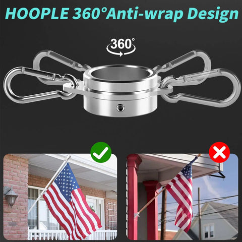 Top Notch 1.5 Inch Flag Pole Rings With Anti Wrap Swivel Clips And 360 Degree Rotating Aluminum Alloy Mounting Hardware For Rad Tangle Free Flag Flying With Rust Resistant Carabiners Two Pack showing a 360° anti-wrap design.