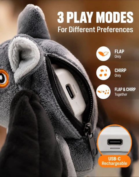 Flying Bat Dog Toy With Motion Activated Rechargeable Power, Interactive Indoor Outdoor Toy For Cats And Dogs With Realistic Flapping Wings And Pet Hair Removal Glove, USB-C rechargeable