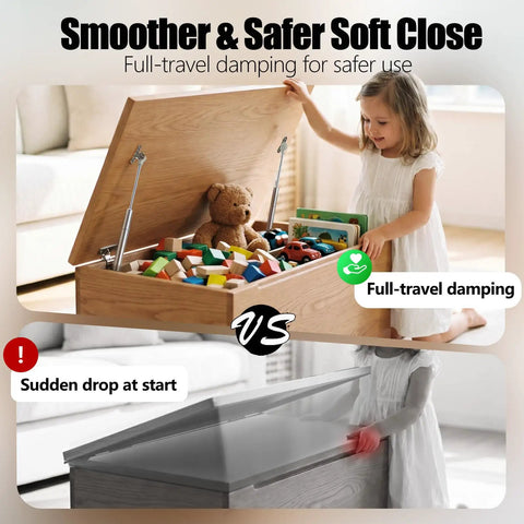 Child opening toy box with Two Pack Slow Close Hinges for Toy Box and Chest, 15 Inch 100N Gas Springs, showcasing soft-close feature.