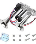 Riproaring 12V Dual Electric Air Horn Street Ready Kit with heavy duty silver trumpets and compressor, includes mounting hardware.