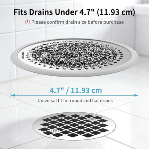 Premium Shower Drain Hair Catcher And Clog Prevention Protector Fits All US Standard Flat Drains, 4.7 inch stainless steel design.