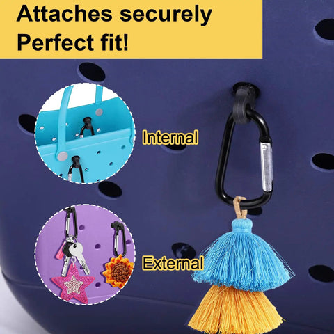 Close-up of black carabiner on Bogg Bag showcasing "Key Holder Insert Charm Carabiner For Bogg Bag Beach Tote Keep Your Keys In Sight And Easy To Find Original X Large Bogg Bag Accessory Clip On Quick Locator Decorate Your Tote And Cut Down Key Digging" with attached tassel charm.
