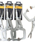 No Sweat Grip Locking C Clamp Pliers Set Of Four 11 Inch Swivel Jaw Welding Clamps with quick release trigger on display.