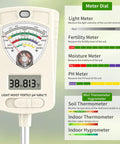 7 In 1 Soil Test Kit For Home Gardeners And Lawn Care With Moisture, pH, Temperature, Sunlight, Humidity And Fertility Meter, Built In 1.6 Inch Sensor, One Button Mode Switch For Easy Indoor Outdoor Plant Diagnostics. White plastic soil meter front view with dial and display.